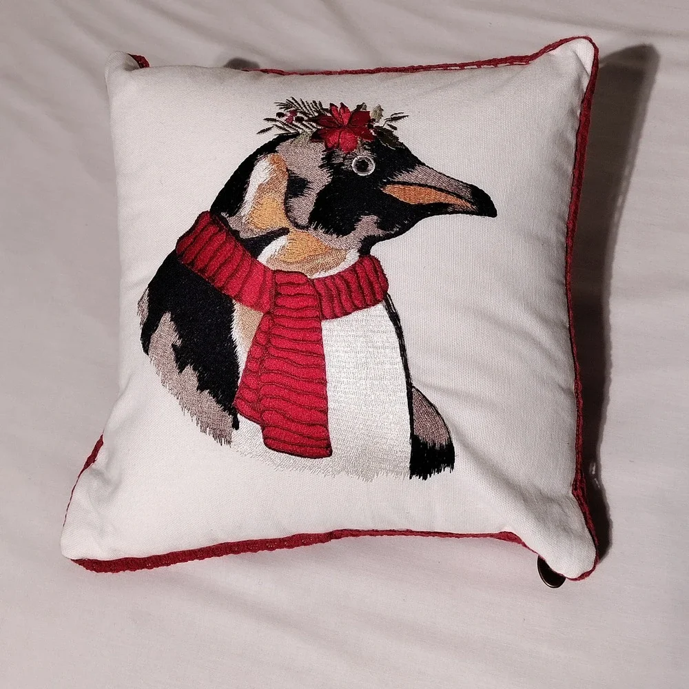 Pier 1 Holiday Penguin Embroidered Throw Pillow Red Scarf Poinsettia 10.5W x 11H